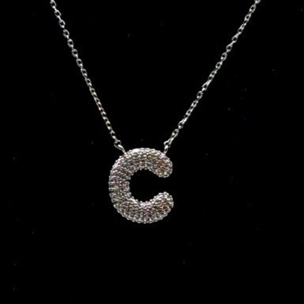 Silver Tone Pavé Initial Letter C Pendant Necklace Adjustable Cable‎ Chain 18"